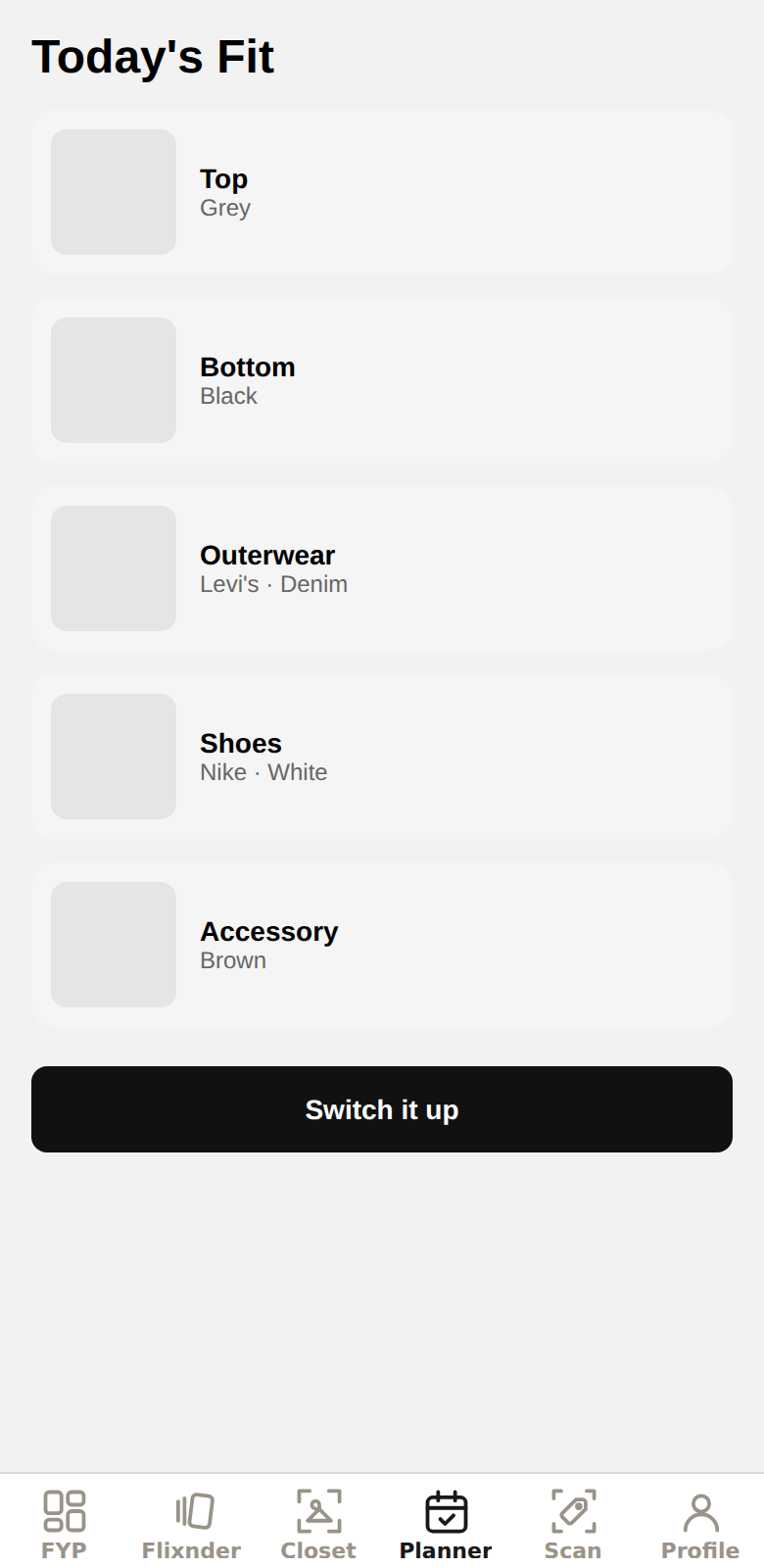 The Planner tab, showing a full outfit assembled from the wardrobe