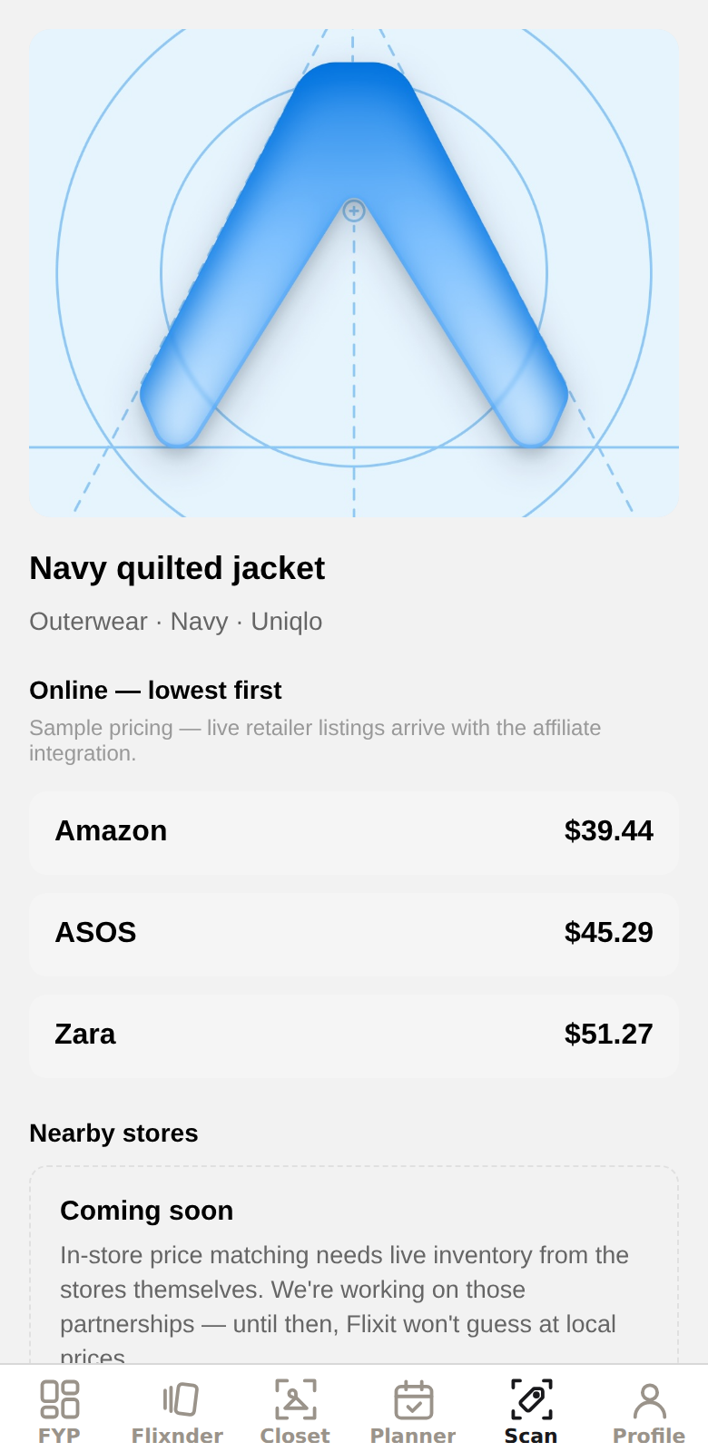 The Scan tab after identifying an item, showing prices