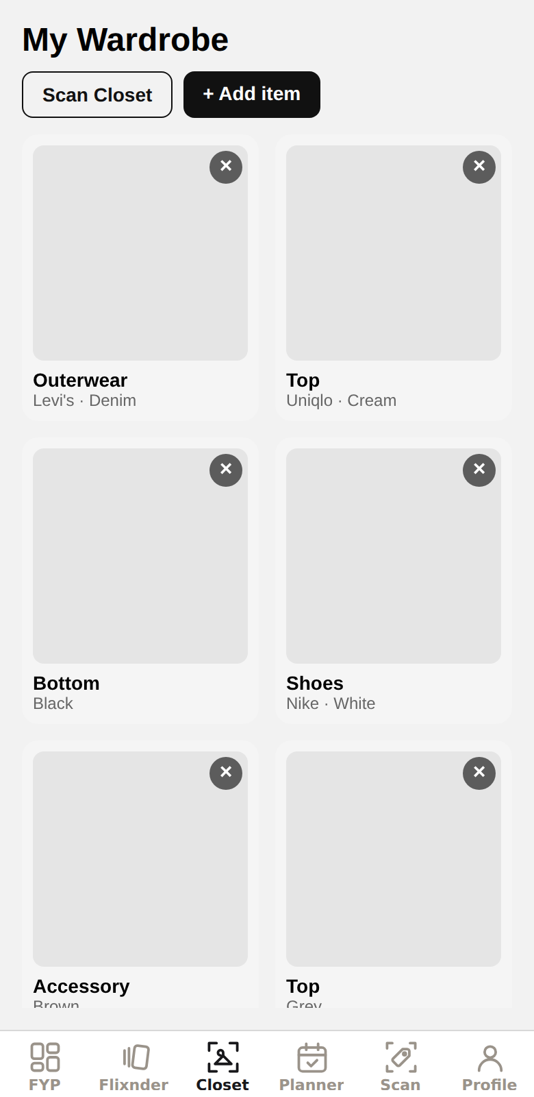 The Wardrobe tab, showing a grid of tagged clothing items